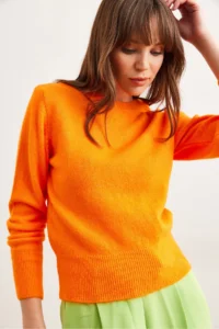 Olalook Women's Orange Crew Neck Soft Textured Basic Knitwear Sweater