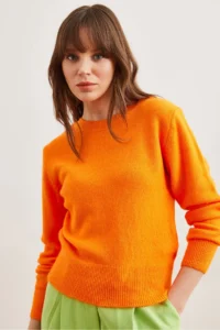 Olalook Women's Orange Crew Neck Soft Textured Basic Knitwear Sweater - Image 2