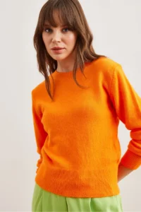 Olalook Women's Orange Crew Neck Soft Textured Basic Knitwear Sweater - Image 3