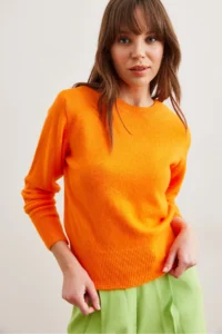 Olalook Women's Orange Crew Neck Soft Textured Basic Knitwear Sweater - Image 5