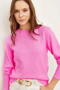 Olalook Women's Pink Crew Neck Soft Textured Basic Knitwear Sweater - Image 2