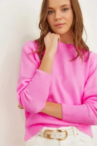 Olalook Women's Pink Crew Neck Soft Textured Basic Knitwear Sweater - Image 3