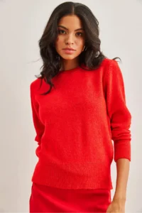 Olalook Women's Red Crew Neck Soft Textured Basic Knitwear Sweater - Image 3