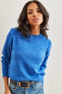 Olalook Women's Saks Blue Crew Neck Soft Textured Basic Knitwear Sweater