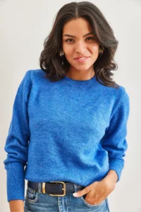 Olalook Women's Saks Blue Crew Neck Soft Textured Basic Knitwear Sweater - Image 2
