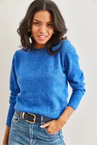 Olalook Women's Saks Blue Crew Neck Soft Textured Basic Knitwear Sweater - Image 3