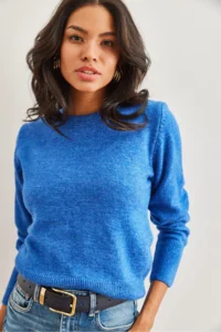 Olalook Women's Saks Blue Crew Neck Soft Textured Basic Knitwear Sweater - Image 4