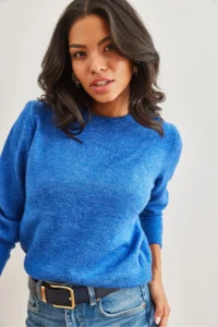 Olalook Women's Saks Blue Crew Neck Soft Textured Basic Knitwear Sweater - Image 5