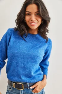 Olalook Women's Saks Blue Crew Neck Soft Textured Basic Knitwear Sweater - Image 6