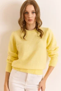 Olalook Women's Yellow Crew Neck Soft Textured Basic Knitwear Sweater - Image 4