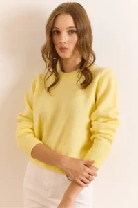Olalook Women's Yellow Crew Neck Soft Textured Basic Knitwear Sweater - Image 5