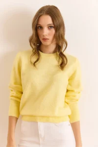 Olalook Women's Yellow Crew Neck Soft Textured Basic Knitwear Sweater - Image 6