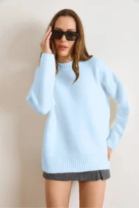 Olalook Women's Baby Blue Crew Neck Thick Rivet Detailed Oversize Knitwear Sweater - Image 2