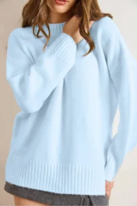 Olalook Women's Baby Blue Crew Neck Thick Rivet Detailed Oversize Knitwear Sweater - Image 3