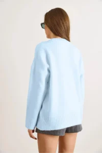 Olalook Women's Baby Blue Crew Neck Thick Rivet Detailed Oversize Knitwear Sweater - Image 4
