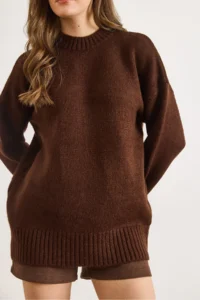Olalook Women's Bitter Brown Crew Neck Thick Ribbing Detailed Oversize Knitwear Sweater - Image 5