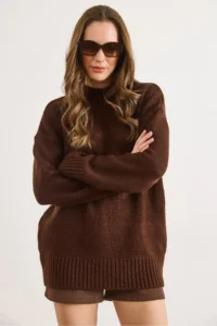 Olalook Women's Bitter Brown Crew Neck Thick Ribbing Detailed Oversize Knitwear Sweater - Image 6