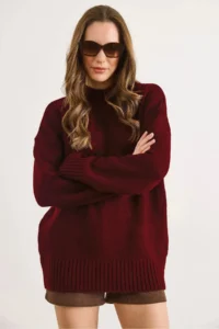 Olalook Women's Burgundy Crew Neck Thick Ribbing Detailed Oversize Knitwear Sweater