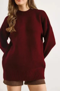 Olalook Women's Burgundy Crew Neck Thick Ribbing Detailed Oversize Knitwear Sweater - Image 3