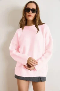 Olalook Women's Candy Pink Crew Neck Thick Ribbing Detailed Oversize Knitwear Sweater