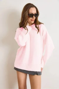 Olalook Women's Candy Pink Crew Neck Thick Ribbing Detailed Oversize Knitwear Sweater - Image 2
