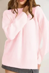 Olalook Women's Candy Pink Crew Neck Thick Ribbing Detailed Oversize Knitwear Sweater - Image 3