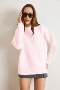 Olalook Women's Candy Pink Crew Neck Thick Ribbing Detailed Oversize Knitwear Sweater - Image 5