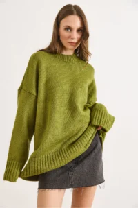 Olalook Women's Oil Green Crew Neck Thick Ribbing Detailed Oversize Knitwear Sweater - Image 5