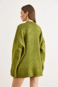 Olalook Women's Oil Green Crew Neck Thick Ribbing Detailed Oversize Knitwear Sweater - Image 6