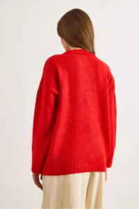 Olalook Women's Red Crew Neck Thick Ribbing Detailed Oversize Knitwear Sweater - Image 2