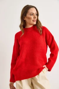 Olalook Women's Red Crew Neck Thick Ribbing Detailed Oversize Knitwear Sweater - Image 3