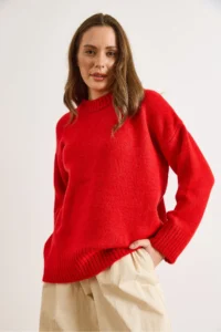 Olalook Women's Red Crew Neck Thick Ribbing Detailed Oversize Knitwear Sweater - Image 5