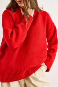 Olalook Women's Red Crew Neck Thick Ribbing Detailed Oversize Knitwear Sweater - Image 6