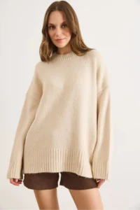 Olalook Women's Stone Crew Neck Thick Ribbing Detailed Oversize Knitwear Sweater - Image 4