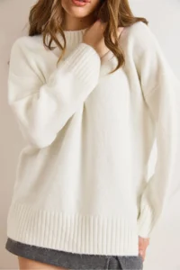 Olalook Women's White Crew Neck Thick Ribbing Detailed Oversize Knitwear Sweater - Image 5