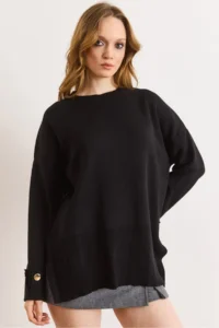Olalook Women's Black Cufflinks Slit Knitwear Sweater