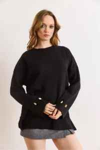 Olalook Women's Black Cufflinks Slit Knitwear Sweater - Image 2