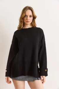 Olalook Women's Black Cufflinks Slit Knitwear Sweater - Image 3