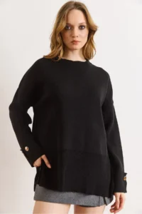 Olalook Women's Black Cufflinks Slit Knitwear Sweater - Image 6