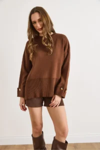 Olalook Women's Brown Cufflinks Slit Knitwear Sweater - Image 2
