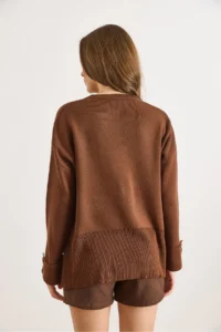 Olalook Women's Brown Cufflinks Slit Knitwear Sweater - Image 3