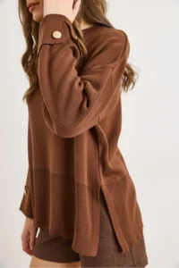 Olalook Women's Brown Cufflinks Slit Knitwear Sweater - Image 4