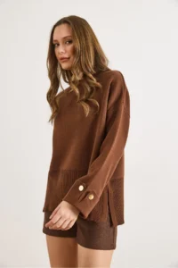 Olalook Women's Brown Cufflinks Slit Knitwear Sweater - Image 5