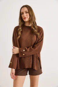 Olalook Women's Brown Cufflinks Slit Knitwear Sweater - Image 6