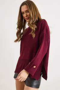 Olalook Women's Burgundy Cufflinks Slit Knitwear Sweater