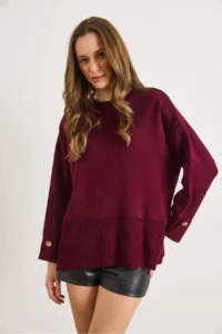 Olalook Women's Burgundy Cufflinks Slit Knitwear Sweater - Image 2