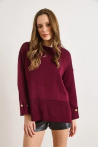 Olalook Women's Burgundy Cufflinks Slit Knitwear Sweater - Image 3