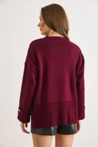 Olalook Women's Burgundy Cufflinks Slit Knitwear Sweater - Image 5