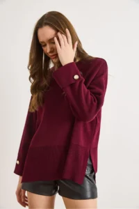 Olalook Women's Burgundy Cufflinks Slit Knitwear Sweater - Image 6