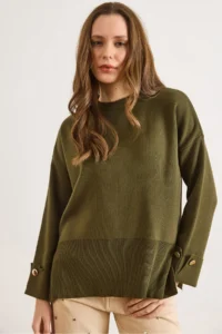 Olalook Women's Khaki Cufflinks Slit Knitwear Sweater